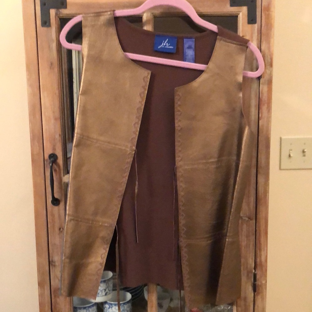 Bronze leather front vest with rib knit back